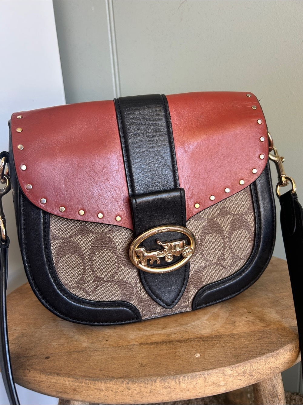 Coach Georgie Saddle bag crossbody purse terracotta and gold